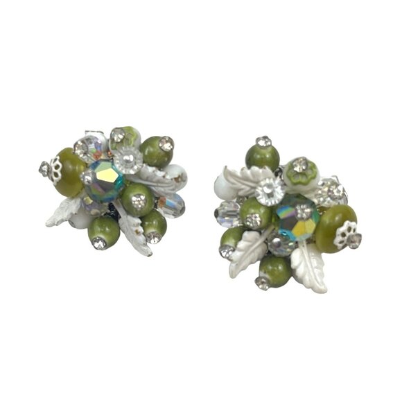 Vendome Vintage Beaded Clip-On Earrings With Green & White Beads Rhinestones & S - Picture 8 of 8